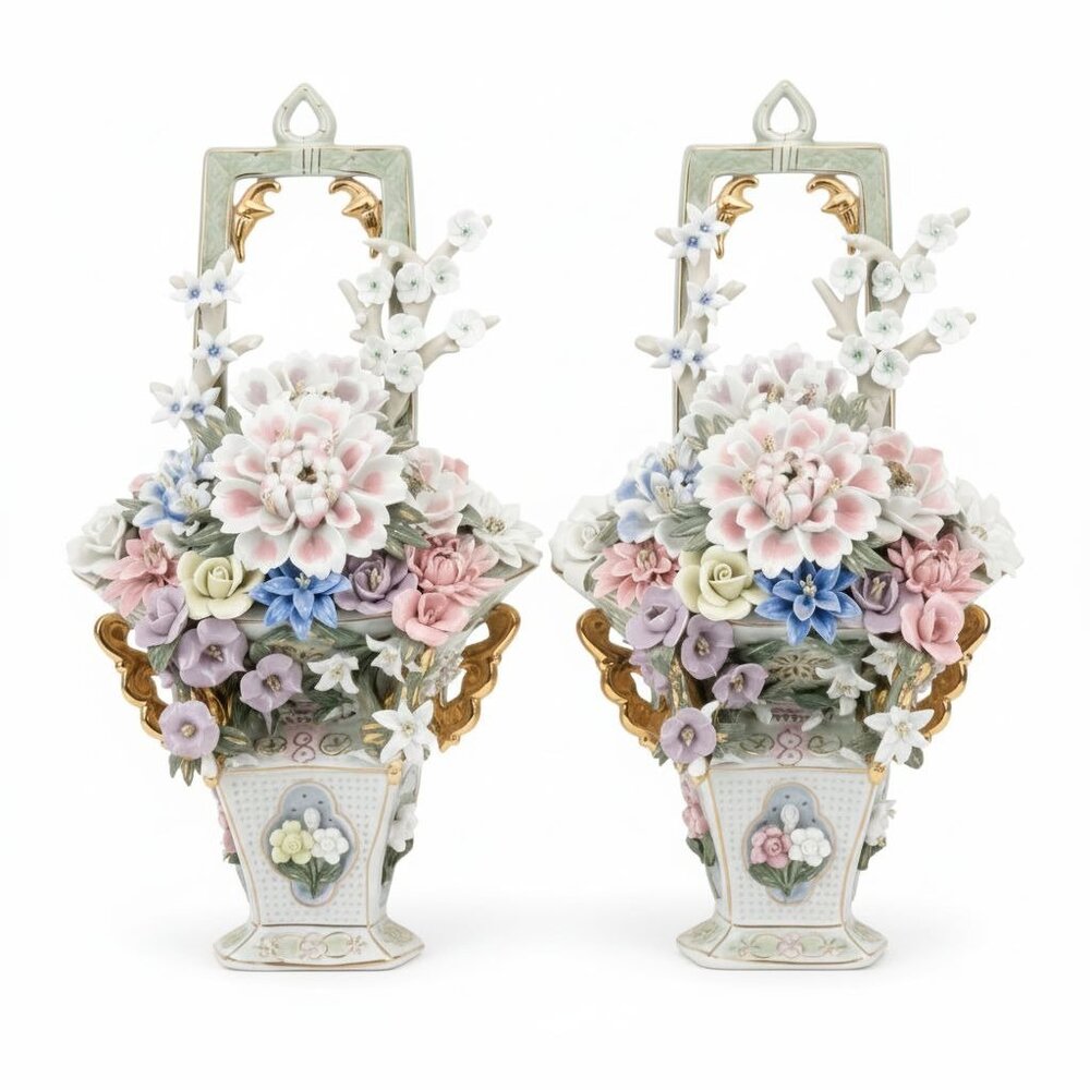 2 Antique 20 X 11  Capodimonte Porcelain Flowers Floral Reticulated Wall Basket